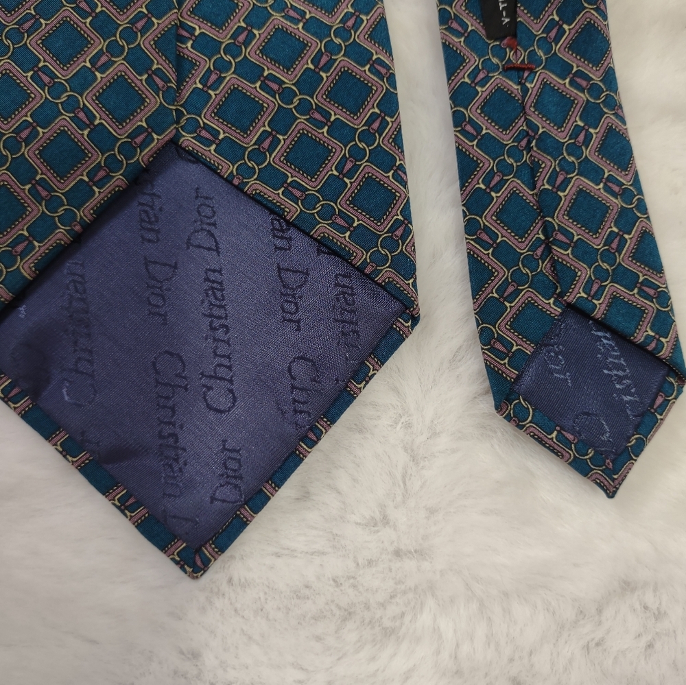 Vintage Christian Dior Monsieur Men's Blue Pattern Silk Tie - Picture 6 of 7